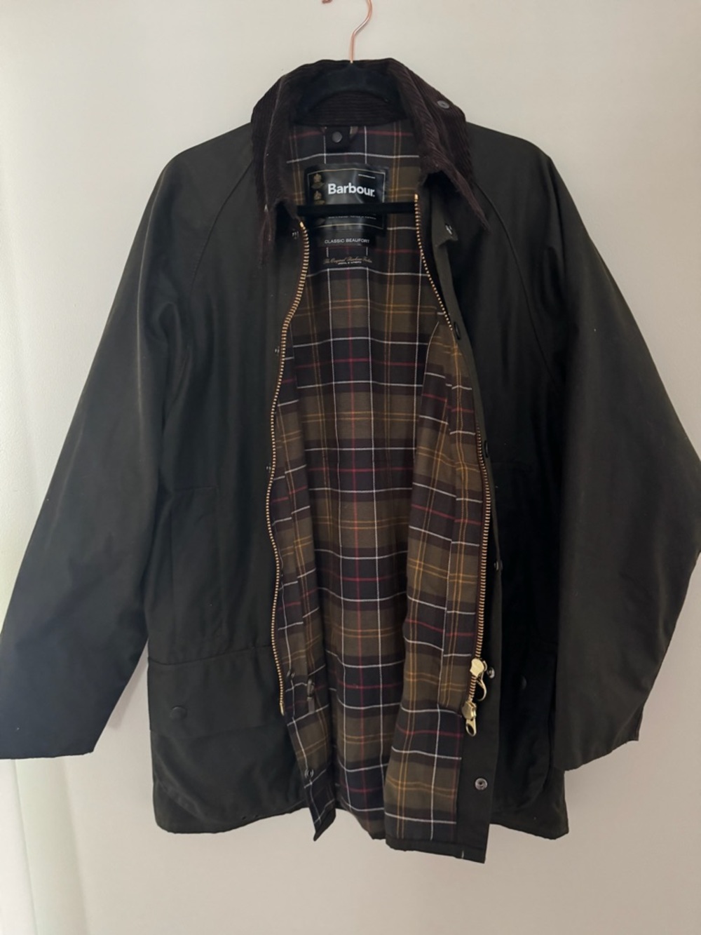 Barbour Olive Green Waxed Cotton Field Jacket with Tartan Lining